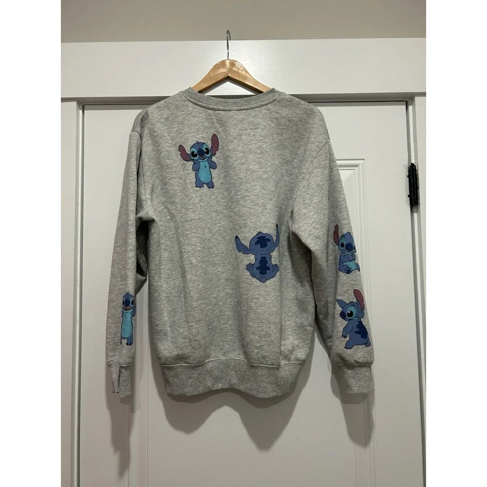 Disney Lilo & Stitch Gray Fleece Crewneck Sweatshirt SzLarge Embroidered Cozy
